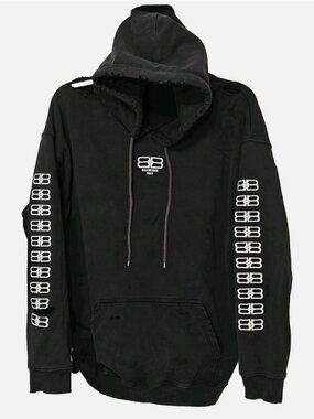 RARE Balenciaga Unifit BB Icon Logo Black Hoodie Embroidered Distressed Size L